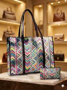 Sac fourre-tout jacquard géométrique multicolore de qualité supérieure avec pochette assortie – Sac à bandoulière à motif tribal chevron bohème - Product Image 2