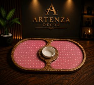 Plateau de service vintage en bois plaqué or avec incrustation de nacre, motif perlé décoratif, avec poignées, pour cuisine et salon - Product Image 3