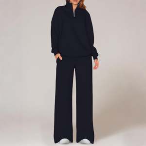 Wholesale OEM Made Women's 2 Piece Outfits Long Sleeve Oversized Half <b>Zip</b> Sweatshirt Wide Leg Jogger Pants Terry Fabric - Product Image 2