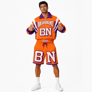Custom Brand Name Men's Sporty Streetwear Tracksuit Set Orange Purple Quarter-Zip Jacket Shorts Woven Satin Spring Windbreaker - Product Image 4
