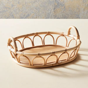 Rustic Modern Arched <b>Railing</b> Oval Rattan Tray <b>Hand</b>-Woven Storage Platter With Flat Wood Bottom For Living Room Setup - Product Image 1