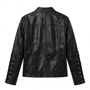 Veste unisexe noire en cuir véritable avec fermeture éclair et lacets, 2 poches, style motard vintage, veste d'extérieur tendance - Product Image 2
