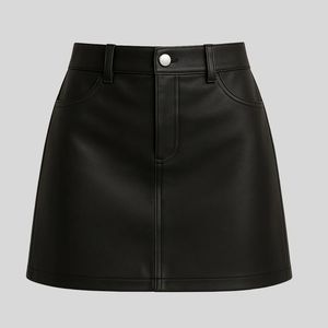 Mini-jupe taille haute en cuir véritable, coupe trapèze, couleur unie, boutons brillants sur le devant, pour femme - Product Image 4