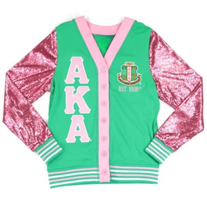 Chaqueta Cárdigan Varsity Personalizada Verde y Rosa, Manga Larga con Lentejuelas, Cierre de Botones, Cuello en V, Ribete Acanalado, Ropa Deportiva de Moda - Product Image 1
