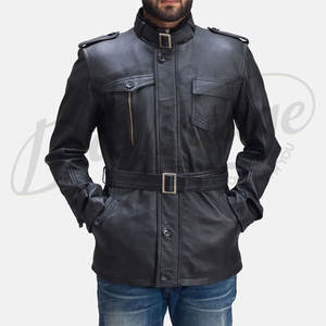 Veste en cuir noire slim fit pour homme, ceinturée, style safari, en cuir véritable, multi-poches, avec col montant - Product Image 2