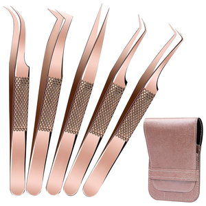 Professional 5-Piece Rose Gold Lash Tweezer Set, High Precision 90 Degree & Curved Volume Tweezers with Travel <b>Case</b> - Product Image 1
