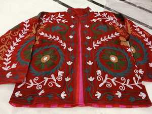 Women's Red Embroidered Floral <b>Pattern</b> Woven <b>Quilted</b> Bomber <b>Jacket</b> Zip-Up Long Sleeve Reversible Design 100% Cotton - Product Image 1