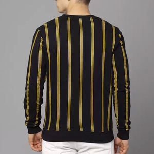 Pull décontracté tricoté à manches longues pour homme, rayé noir et jaune, col en V, 100 % coton respirant, idéal pour l'automne - Product Image 2