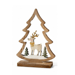 Décoration de Noël en bois en forme d'arbre avec cerf et sapins, artisanat de style traditionnel - Product Image 1