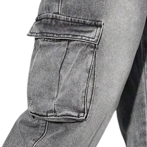 Mens Solid <b>Light</b> Grey Denim Cargo Pants Loose Fit Mid Waist Multi Pocket Casual Washed Utility Jeans - Product Image 5