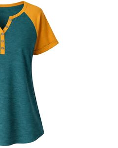 T-shirt pour femme jaune sarcelle à manches courtes, col Henley, coupe raglan, en coton doux, décontracté, idéal pour l'été, confortable pour le quotidien, élégant - Product Image 5