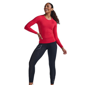 Haut de yoga à manches longues et col rond pour femme, rouge uni, design froncé, t-shirt de compression anti-transpiration, coupe régulière, vêtements de sport - Product Image 1