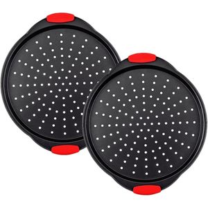 Set di 2 Teglie per Pizza Rotonde da 13 Pollici con Fori, Antiaderenti in Acciaio al Carbonio e Manici in Silicone per Forno - Product Image 1