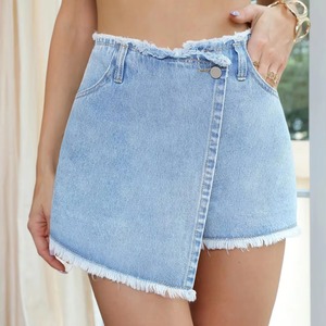 Minifalda vaquera asimétrica de cintura alta para mujer, con dobladillo deshilachado y detalle de botones, estilo casual de verano, marca privada - Product Image 1