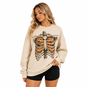 Women's Oversized Crew Neck Sweatshirt With <b>Skeleton</b> <b>Pumpkin</b> Print Autumn Halloween Style 100% Cotton Long Sleeve Pullover - Product Image 3