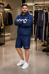 REXFIT SPORTS 2026 Wholesale <b>Men</b>’s Navy Blue Nylon Hooded Windbreaker <b>Jacket</b> and Shorts Set Custom Logo Sportswear - Product Image 5