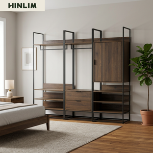 Armario Abierto Industrial Moderno con 2 Cajones, Acabado en Nogal, Estructura Metálica, Estantes de Tablero Laminado, Muebles para Dormitorio - Product Image 6