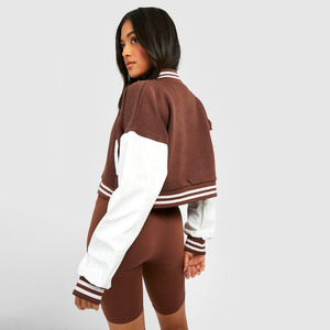 Wholesale Custom Logo Printed Cotton Women's Slim Fit Crop Varsity Jackets Reversible Autumn/Winter Casual Fleece Lining - Product Image 5