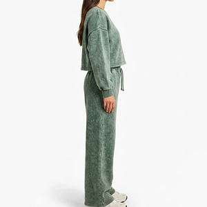 Wholesale Women's 2 Piece Fleece Tracksuit <b>Set</b> Crew Neck Cropped <b>Sweater</b> Wide Leg Joggers Solid Green Casual Loose Fit All - Product Image 6