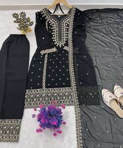 Hot Selling <b>Kurti</b> Sharara Dupatta Set Premium Fancy Ethnic Wear Boutique Fashion Collection dubai style 81038 AC-7084 7094 Black - Product Image 4