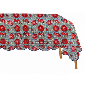 Nappe rectangulaire en pur coton imprimée à la main avec bord festonné, style ferme indienne, pour mariage, en lin décoratif fait main - Product Image 1