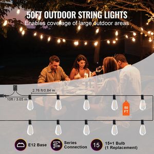 Luci a Stringa LED da Esterno 50FT Dimmerabili, Luci per Patio con 15 Lampadine S14 Infrangibili, Base E12, 2700K Bianco Giallo, Impermeabili - Product Image 4