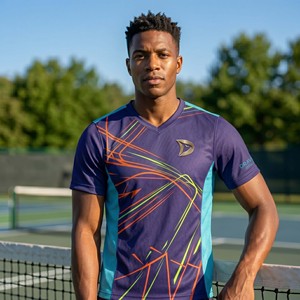 เสื้อพิคเคิลบอลแบบขายส่ง ดีไซน์สวยงาม สีม่วงมิดไนท์ ซีแยน ตาข่ายเนออน ลายพิมพ์แบบซับลิเมชั่น สำหรับอุตสาหกรรม Dravelle รับผลิตตามสั่งแบบ OEM - Product Image 6