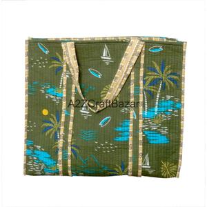 Eco-Friendly Women's Hand-Block Striped Cotton Quilted Tote <b>Bag</b> <b>Long</b> Handle Bohemian Style Everyday Shopping Exhibition - Product Image 2