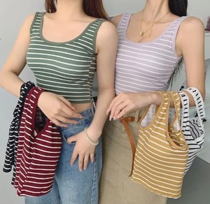Débardeur court sans manches en coton rayé respirant et fibre de bambou, tricoté, col rond, décontracté, pour femme, personnalisable sur le devant, haute qualité - Product Image 3