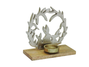 Modern Embroidered Silver Aluminium <b>Easter</b> Bunny and Antler Wreath Candle Holder with Gold <b>Cup</b> and Wooden Base - Product Image 1
