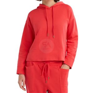 Haut décontracté pour femme, pull à capuche court rouge en molleton de coton épais à manches longues, devant uni, avec logo personnalisé, idéal pour la gym - Product Image 1