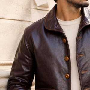 Men's <b>Brown</b> <b>Leather</b> <b>Jacket</b> Stand Collar Button Up Casual Coat with Chest Pocket - Product Image 5