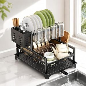 Égouttoir à vaisselle à double niveau avec porte-couverts et bac de drainage pour rangement de cuisine, design moderne en plastique, type sur pied - Product Image 1