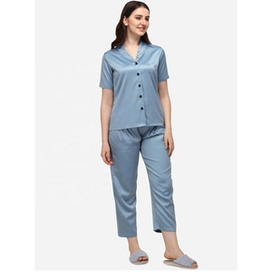 Conjunto de pijama de satén liso para mujer, ropa de dormir moderna y brillante con logotipo personalizado, conjunto de 2 piezas - Product Image 2