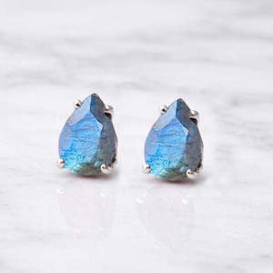 Natural Labradorite Pear Cut <b>Stud</b> <b>Earring</b> Faceted Gemstone Prong <b>Set</b> Handmade Minimalist Birthstone Jewelry January Gift for Her - Product Image 1