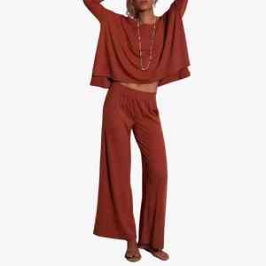 Ensemble de détente 2 pièces en maille pour femme, couleur unie, haut à manches longues col rond, pantalon large, décontracté, toutes saisons, coupe ample, respirant - Product Image 1