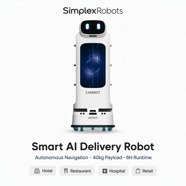 Smart AI Navigation Hotel Food Delivery Robot 20Ah Battery 40kg Payload App Controlled Auto Charge Contactless Dropoff Catering