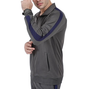 Ensemble de survêtement gris bleu pour homme, blocs de couleur, fermeture éclair intégrale, col montant, style sportif, respirant, polyester, coupe régulière, poches latérales - Product Image 3