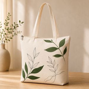 Leaf Print Canvas & Cotton <b>Tote</b> <b>Bag</b> PP Webbing Zipper Shoulder Handle <b>Medium</b> Size Reusable Shopping Carryall for Daily Travel - Product Image 2