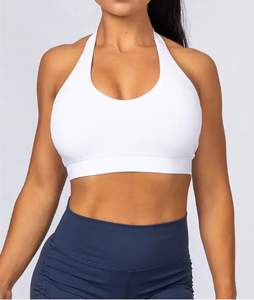 Soutien-gorge de sport blanc pour femme, col halter, maintien moyen, décolleté en V, haut de sport pour yoga et fitness, soutien-gorge de sport à fort impact, respirant pour la gym et le yoga - Product Image 1