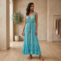 Talla Única Y2K Boho, Vestido Maxi de Seda Tejida India con Estampado Floral, Estilo Coreano de Verano, Cuello en V, Sin Mangas, con Aberturas, Antiarrugas, Lavable, Dulce