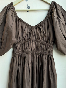 Robe en coton pour femme, col cœur, marron, mi-longue, décontractée, à manches bouffantes, avec poche, unie, robe maxi, cadeau pour elle - Product Image 6