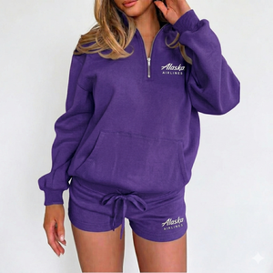Ensemble short 2 pièces pour femme, demi-zip, 100% coton, tissé uni, décontracté, respirant, écologique, tenue athleisure pour tous les jours - Product Image 3