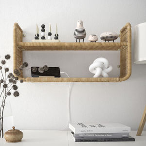 Estante de pared de ratán natural de 2 niveles, estantes flotantes de bambú tejido, estante decorativo de pared para dormitorio, mesita de noche, soporte para cargador de teléfono. - Product Image 2