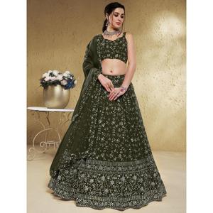 Lentejuelas verdes atractivas Georgette Lehenga Choli con Dupatta - Product Image 1