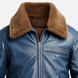 <b>Men's</b> Blue PU Leather Bomber <b>Jacket</b> With Faux Fur Collar Windproof Moto Biker Style Winter <b>Jacket</b> Regular Fit Zipper Closure - Product Image 3