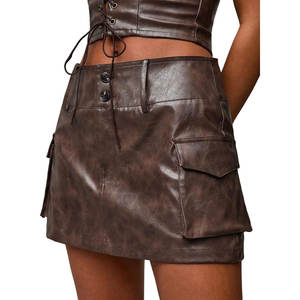 Jupe cargo en cuir PU pour femme, style rétro, taille basse, mini-jupe boutonnée avec poches à rabat - Product Image 1