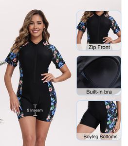 Women <b>Black</b> Floral Print <b>Short</b> <b>Sleeve</b> Rash Guard Swimwear Anti-UV Spandex Polyester Sports Wear Outdoor Clothing - Product Image 4