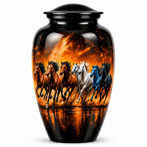 Hermosa urna funeraria de metal (latón/aluminio) con diseño de Luna Azul Antigua y Caballo Blanco para cenizas de adultos. - Product Image 6