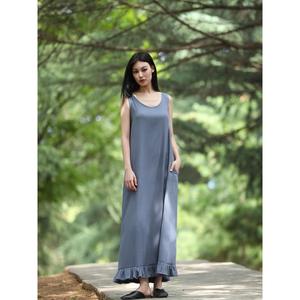 Vestido largo de lino y algodón para mujer, cuello en U, sin mangas, corte holgado, informal, cómodo, para verano y playa - Product Image 3